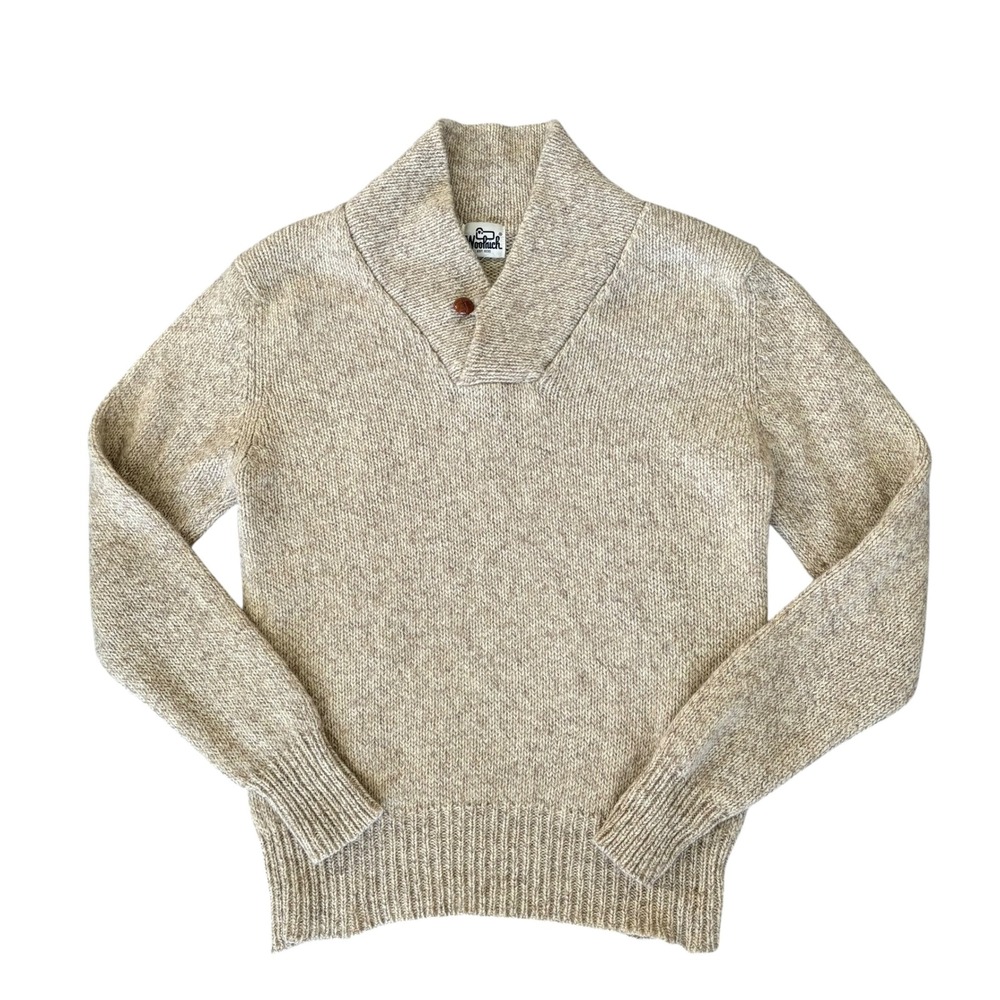 Woolrich Vintage Shawl Collar Wool Sweater Mens Oatmeal Pullover Fisherman S/M - Picture 2 of 7